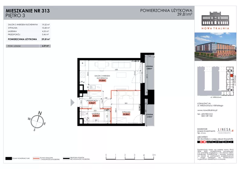 2 pokoje, mieszkanie 39,81 m², piętro 3, oferta nr 313, Nowa Tkalnia, Łódź, Widzew, ul. Milionowa/Kilińskiego