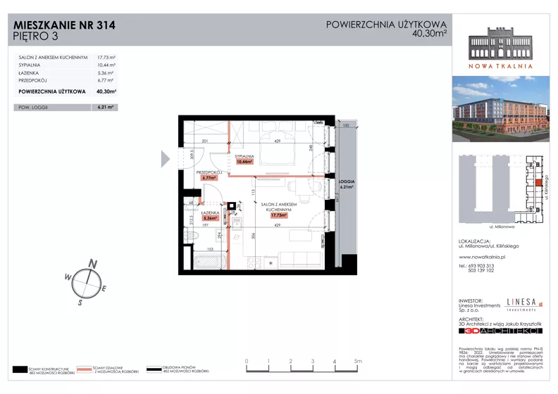 2 pokoje, mieszkanie 40,30 m², piętro 3, oferta nr 314, Nowa Tkalnia, Łódź, Widzew, ul. Milionowa/Kilińskiego
