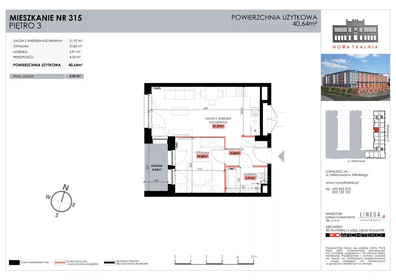 2 pokoje, mieszkanie 40,64 m², piętro 3, oferta nr 315, Nowa Tkalnia, Łódź, Widzew, ul. Milionowa/Kilińskiego