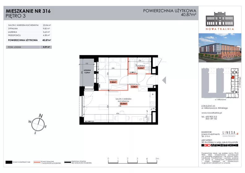2 pokoje, mieszkanie 40,87 m², piętro 3, oferta nr 316, Nowa Tkalnia, Łódź, Widzew, ul. Milionowa/Kilińskiego