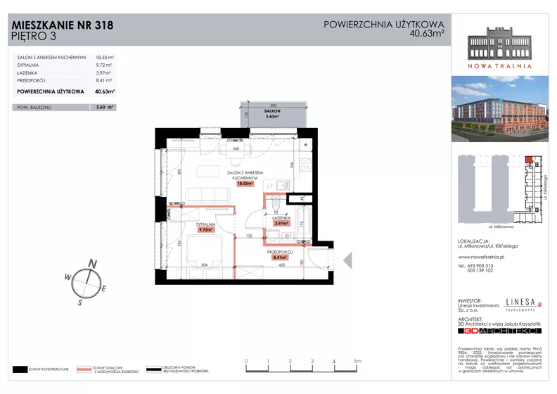 2 pokoje, mieszkanie 40,63 m², piętro 3, oferta nr 318, Nowa Tkalnia, Łódź, Widzew, ul. Milionowa/Kilińskiego