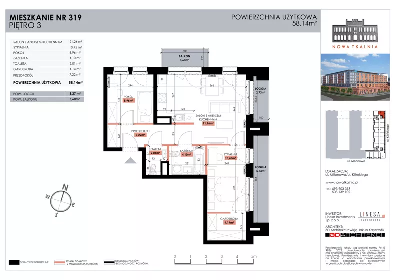 3 pokoje, mieszkanie 58,14 m², piętro 3, oferta nr 319, Nowa Tkalnia, Łódź, Widzew, ul. Milionowa/Kilińskiego