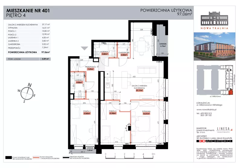 4 pokoje, mieszkanie 97,06 m², piętro 4, oferta nr 401, Nowa Tkalnia, Łódź, Widzew, ul. Milionowa/Kilińskiego