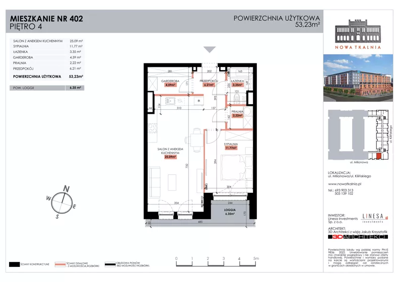 2 pokoje, mieszkanie 53,23 m², piętro 4, oferta nr 402, Nowa Tkalnia, Łódź, Widzew, ul. Milionowa/Kilińskiego