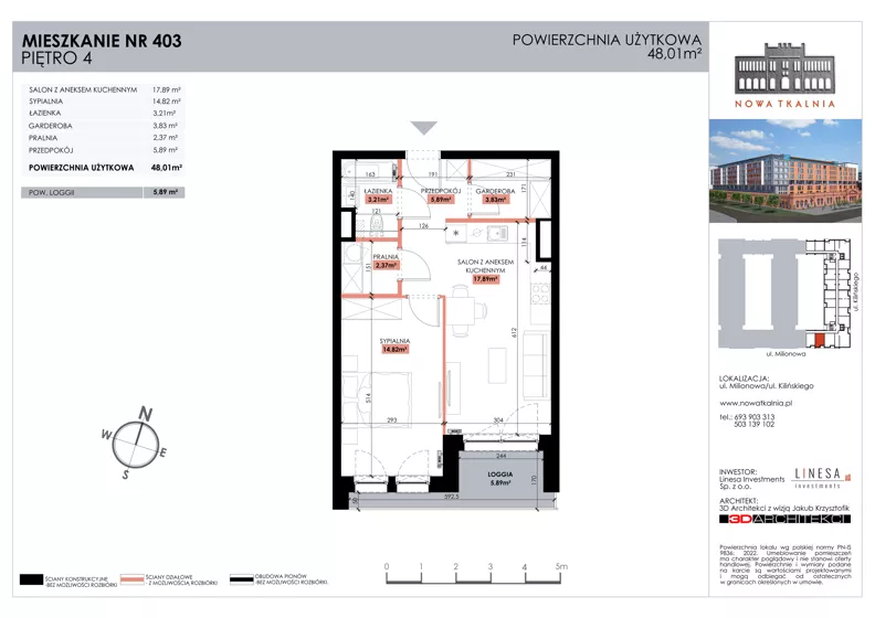 2 pokoje, mieszkanie 48,01 m², piętro 4, oferta nr 403, Nowa Tkalnia, Łódź, Widzew, ul. Milionowa/Kilińskiego