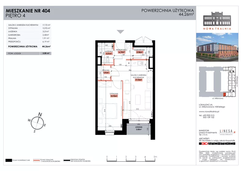 2 pokoje, mieszkanie 44,26 m², piętro 4, oferta nr 404, Nowa Tkalnia, Łódź, Widzew, ul. Milionowa/Kilińskiego
