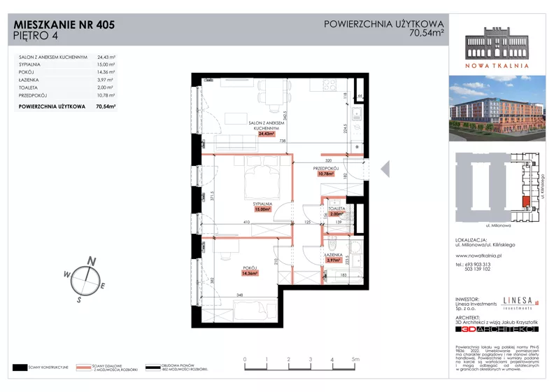3 pokoje, mieszkanie 70,54 m², piętro 4, oferta nr 405, Nowa Tkalnia, Łódź, Widzew, ul. Milionowa/Kilińskiego