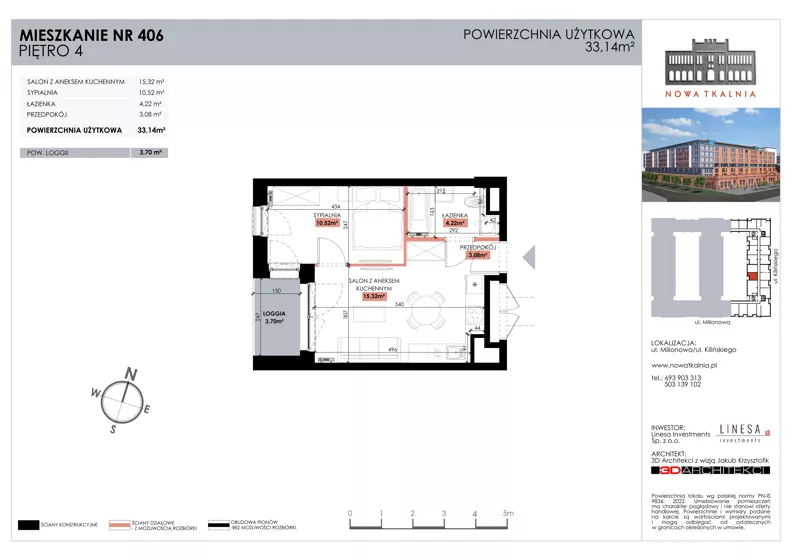 2 pokoje, mieszkanie 33,14 m², piętro 4, oferta nr 406, Nowa Tkalnia, Łódź, Widzew, ul. Milionowa/Kilińskiego