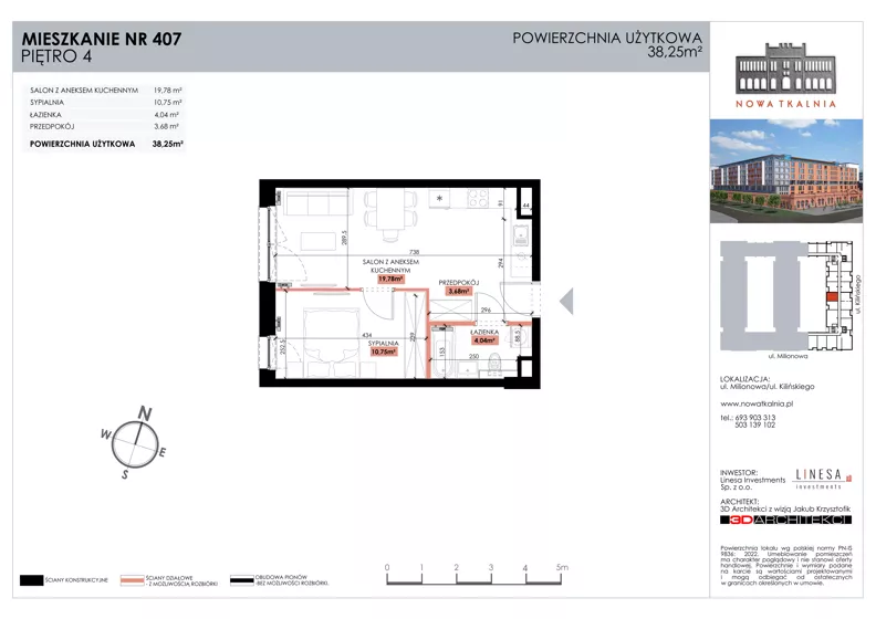 2 pokoje, mieszkanie 38,25 m², piętro 4, oferta nr 407, Nowa Tkalnia, Łódź, Widzew, ul. Milionowa/Kilińskiego