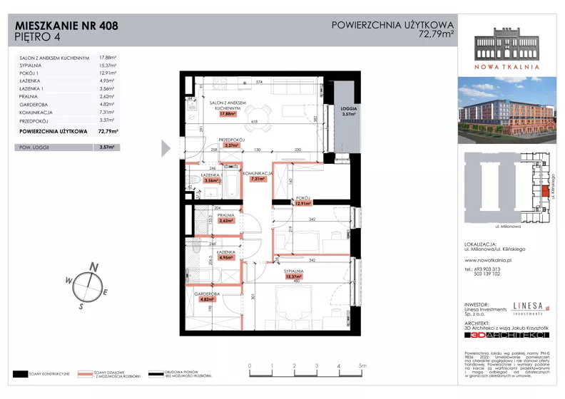 3 pokoje, mieszkanie 72,79 m², piętro 4, oferta nr 408, Nowa Tkalnia, Łódź, Widzew, ul. Milionowa/Kilińskiego