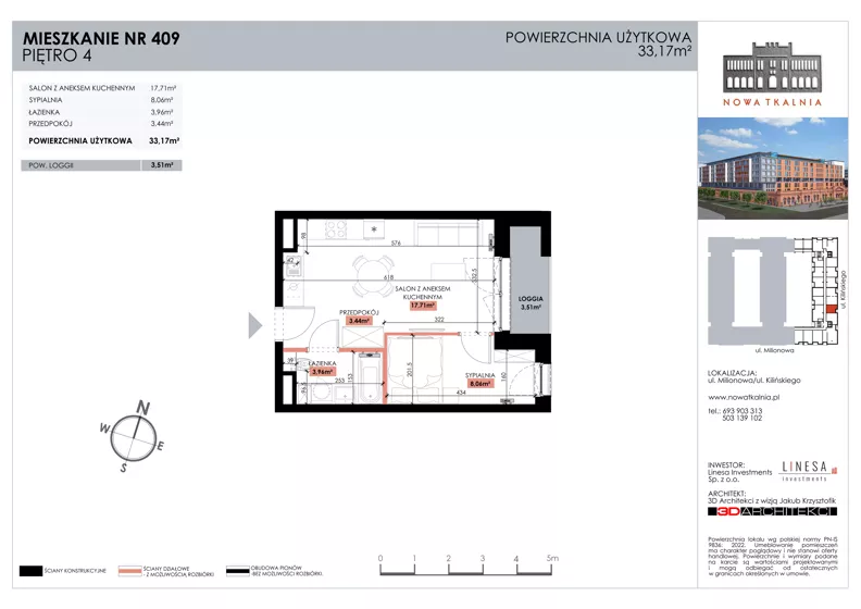 2 pokoje, mieszkanie 33,17 m², piętro 4, oferta nr 409, Nowa Tkalnia, Łódź, Widzew, ul. Milionowa/Kilińskiego