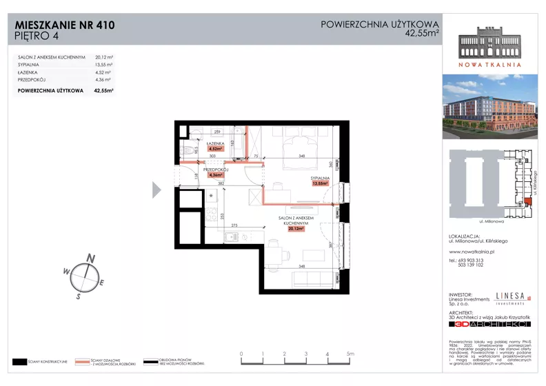2 pokoje, mieszkanie 42,55 m², piętro 4, oferta nr 410, Nowa Tkalnia, Łódź, Widzew, ul. Milionowa/Kilińskiego