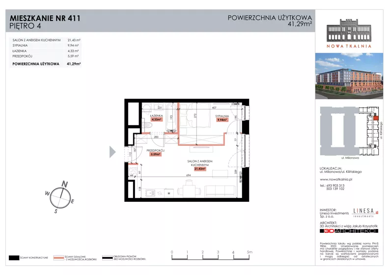 2 pokoje, mieszkanie 41,29 m², piętro 4, oferta nr 411, Nowa Tkalnia, Łódź, Widzew, ul. Milionowa/Kilińskiego