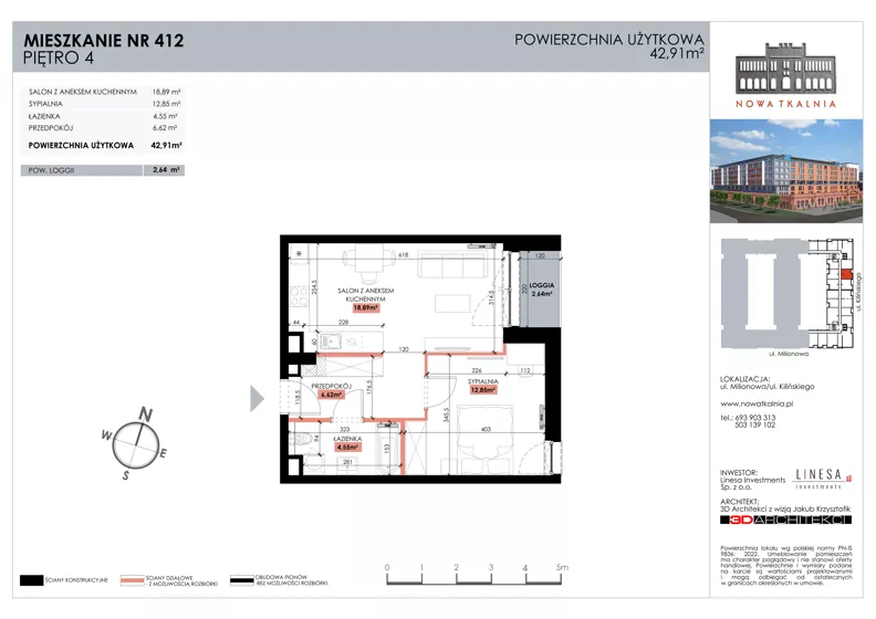2 pokoje, mieszkanie 42,91 m², piętro 4, oferta nr 412, Nowa Tkalnia, Łódź, Widzew, ul. Milionowa/Kilińskiego