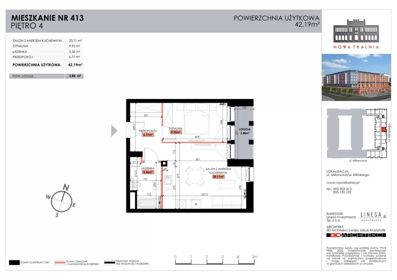 2 pokoje, mieszkanie 42,19 m², piętro 4, oferta nr 413, Nowa Tkalnia, Łódź, Widzew, ul. Milionowa/Kilińskiego