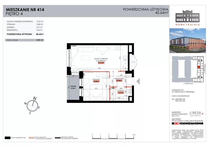 2 pokoje, mieszkanie 40,64 m², piętro 4, oferta nr 414, Nowa Tkalnia, Łódź, Widzew, ul. Milionowa/Kilińskiego