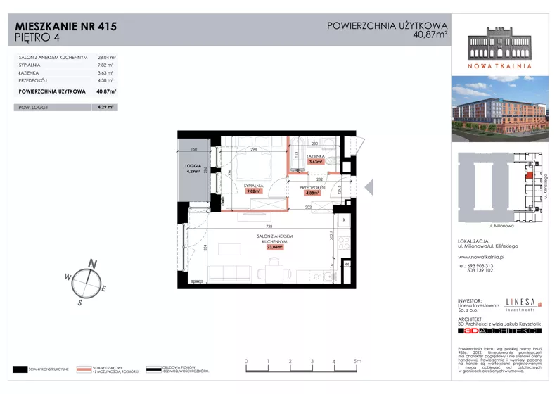 2 pokoje, mieszkanie 40,87 m², piętro 4, oferta nr 415, Nowa Tkalnia, Łódź, Widzew, ul. Milionowa/Kilińskiego