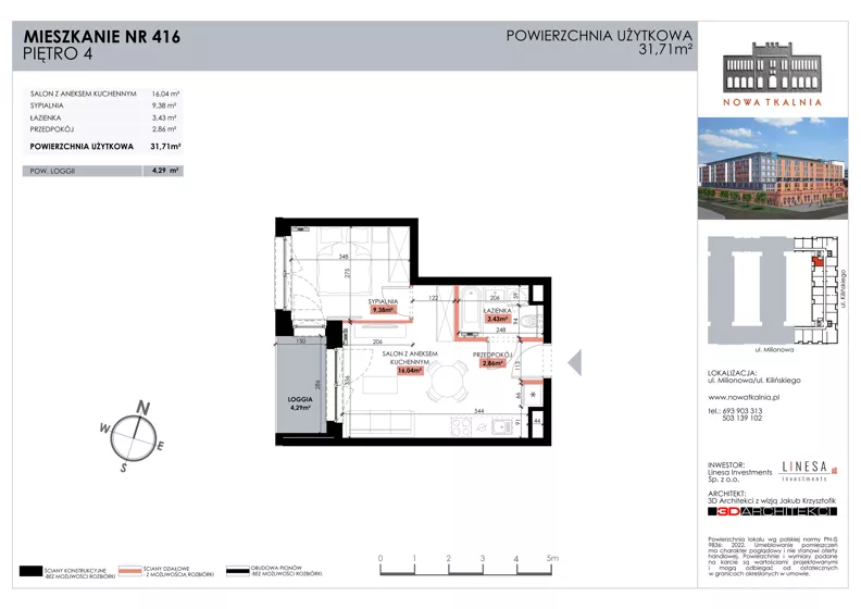 2 pokoje, mieszkanie 31,70 m², piętro 4, oferta nr 416, Nowa Tkalnia, Łódź, Widzew, ul. Milionowa/Kilińskiego