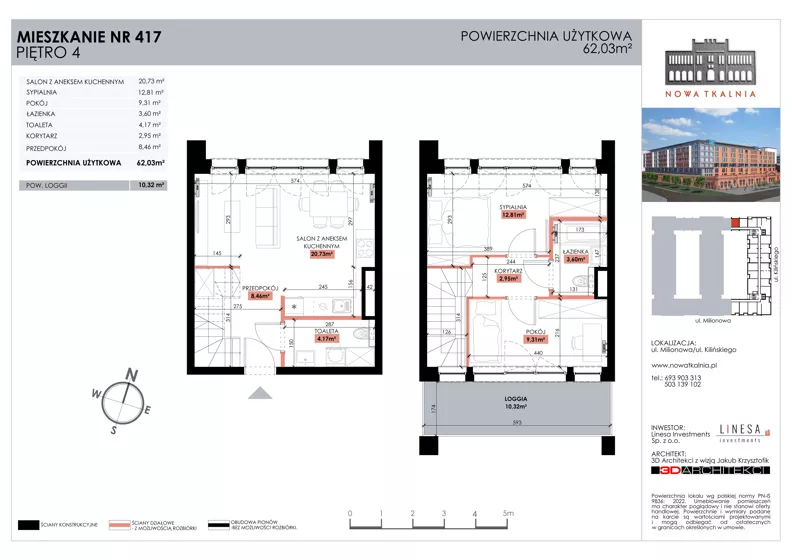 3 pokoje, mieszkanie 62,03 m², piętro 4, oferta nr 417, Nowa Tkalnia, Łódź, Widzew, ul. Milionowa/Kilińskiego