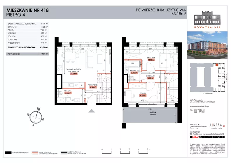 3 pokoje, mieszkanie 63,18 m², piętro 4, oferta nr 418, Nowa Tkalnia, Łódź, Widzew, ul. Milionowa/Kilińskiego