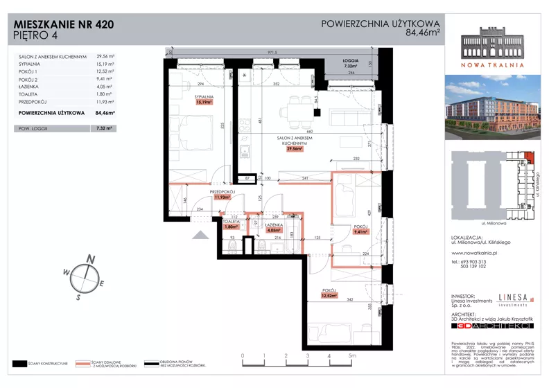4 pokoje, mieszkanie 84,46 m², piętro 4, oferta nr 420, Nowa Tkalnia, Łódź, Widzew, ul. Milionowa/Kilińskiego