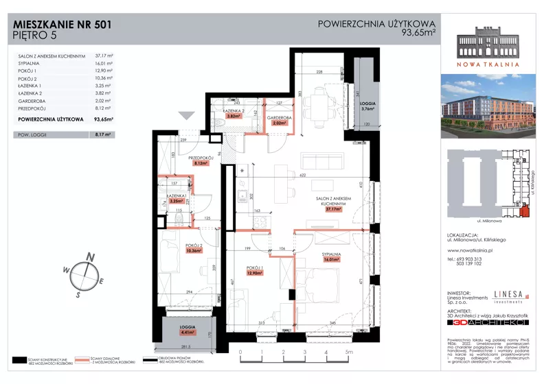 4 pokoje, mieszkanie 93,65 m², piętro 5, oferta nr 501, Nowa Tkalnia, Łódź, Widzew, ul. Milionowa/Kilińskiego