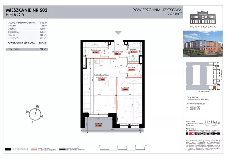 2 pokoje, mieszkanie 52,46 m², piętro 5, oferta nr 502, Nowa Tkalnia, Łódź, Widzew, ul. Milionowa/Kilińskiego