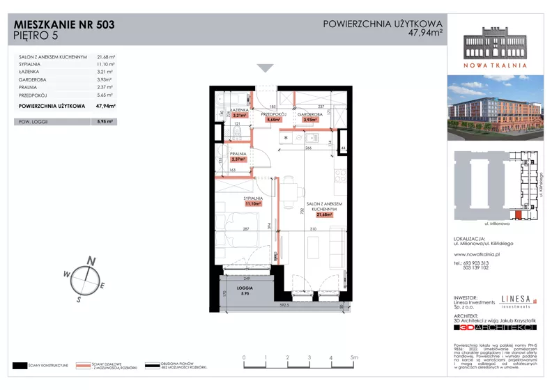 2 pokoje, mieszkanie 47,94 m², piętro 5, oferta nr 503, Nowa Tkalnia, Łódź, Widzew, ul. Milionowa/Kilińskiego
