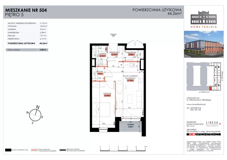 2 pokoje, mieszkanie 44,26 m², piętro 5, oferta nr 504, Nowa Tkalnia, Łódź, Widzew, ul. Milionowa/Kilińskiego