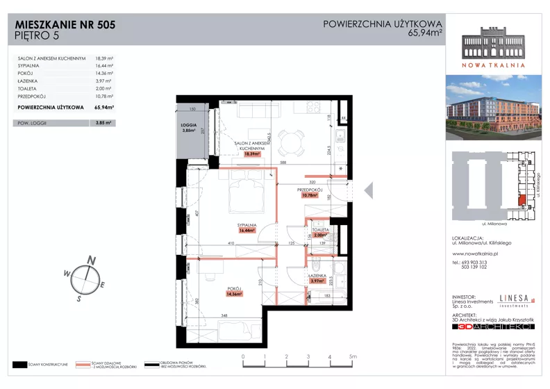 3 pokoje, mieszkanie 65,94 m², piętro 5, oferta nr 505, Nowa Tkalnia, Łódź, Widzew, ul. Milionowa/Kilińskiego