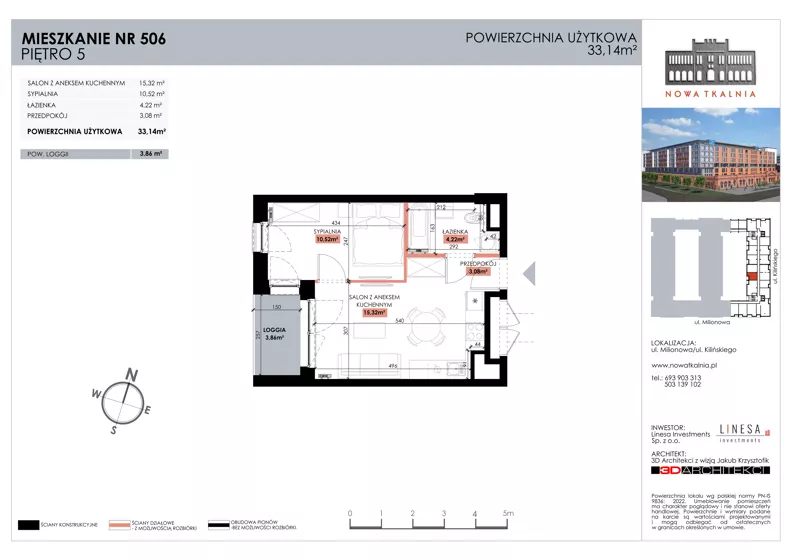 2 pokoje, mieszkanie 33,14 m², piętro 5, oferta nr 506, Nowa Tkalnia, Łódź, Widzew, ul. Milionowa/Kilińskiego
