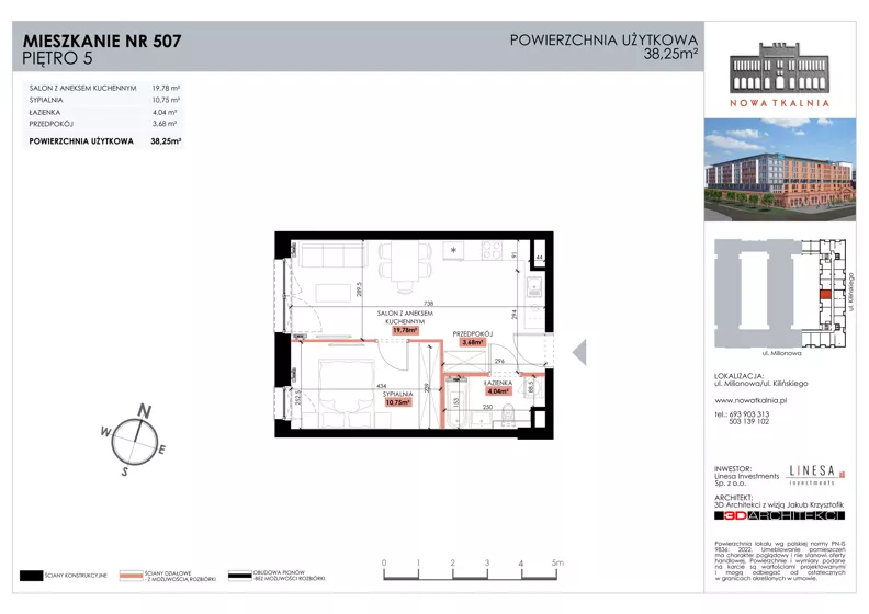 2 pokoje, mieszkanie 38,25 m², piętro 5, oferta nr 507, Nowa Tkalnia, Łódź, Widzew, ul. Milionowa/Kilińskiego