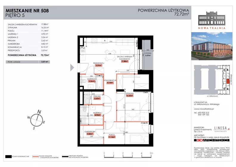 3 pokoje, mieszkanie 72,72 m², piętro 5, oferta nr 508, Nowa Tkalnia, Łódź, Widzew, ul. Milionowa/Kilińskiego