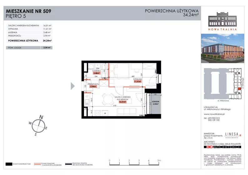 2 pokoje, mieszkanie 34,24 m², piętro 5, oferta nr 509, Nowa Tkalnia, Łódź, Widzew, ul. Milionowa/Kilińskiego
