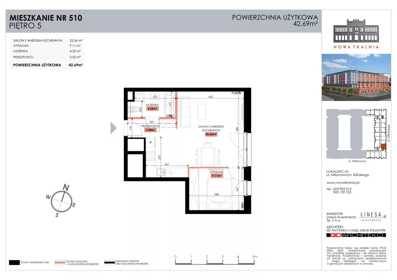 2 pokoje, mieszkanie 42,69 m², piętro 5, oferta nr 510, Nowa Tkalnia, Łódź, Widzew, ul. Milionowa/Kilińskiego