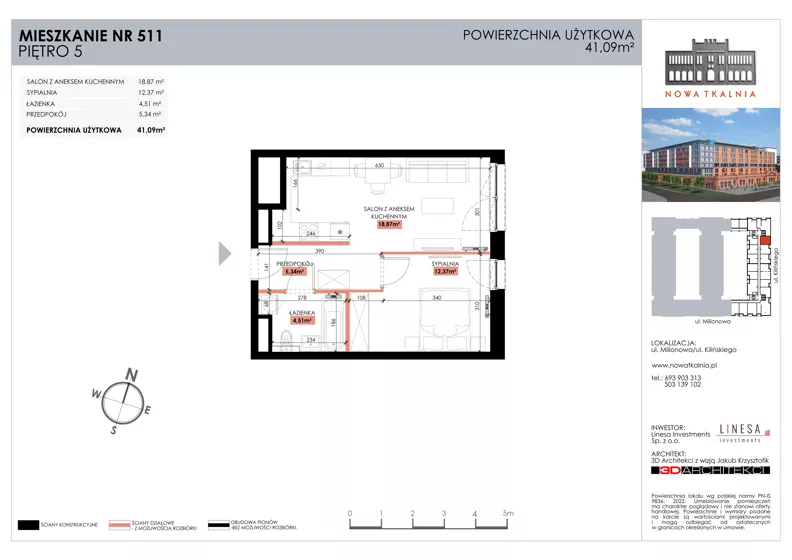 2 pokoje, mieszkanie 41,11 m², piętro 5, oferta nr 511, Nowa Tkalnia, Łódź, Widzew, ul. Milionowa/Kilińskiego