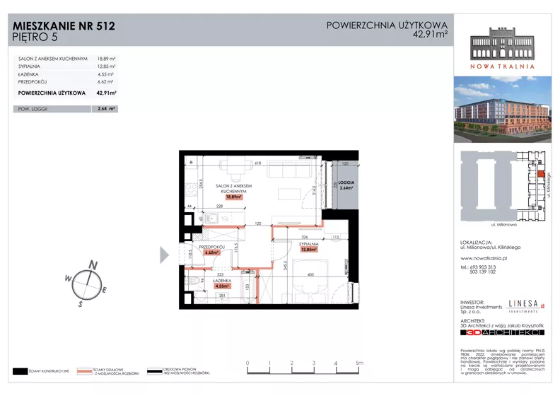 2 pokoje, mieszkanie 42,91 m², piętro 5, oferta nr 512, Nowa Tkalnia, Łódź, Widzew, ul. Milionowa/Kilińskiego