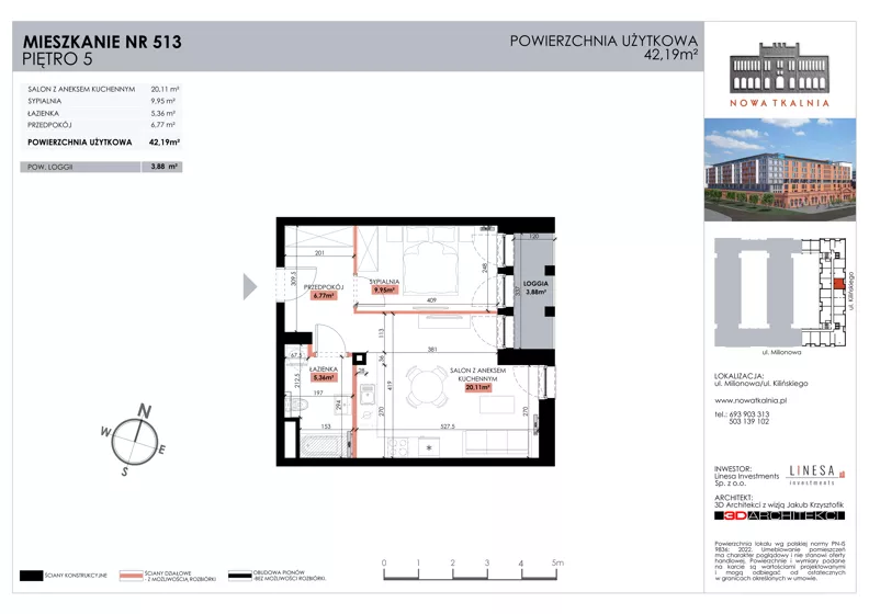 2 pokoje, mieszkanie 42,19 m², piętro 5, oferta nr 513, Nowa Tkalnia, Łódź, Widzew, ul. Milionowa/Kilińskiego