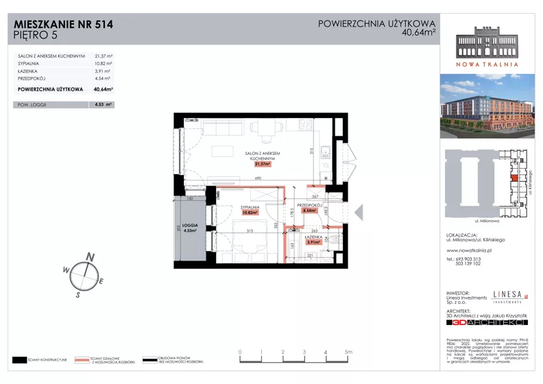 2 pokoje, mieszkanie 40,64 m², piętro 5, oferta nr 514, Nowa Tkalnia, Łódź, Widzew, ul. Milionowa/Kilińskiego