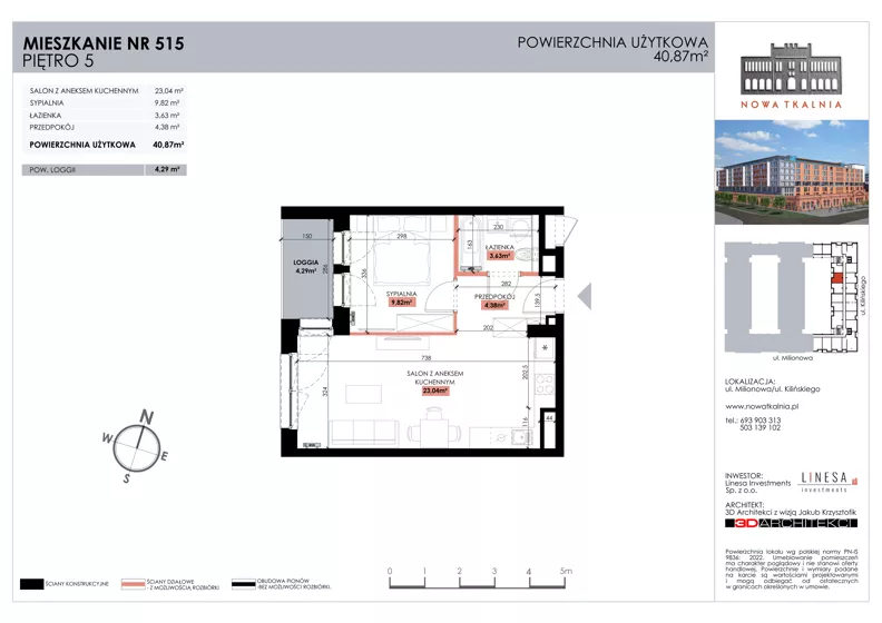 2 pokoje, mieszkanie 40,87 m², piętro 5, oferta nr 515, Nowa Tkalnia, Łódź, Widzew, ul. Milionowa/Kilińskiego