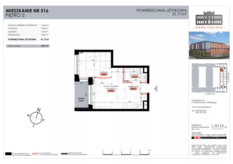 2 pokoje, mieszkanie 31,70 m², piętro 5, oferta nr 516, Nowa Tkalnia, Łódź, Widzew, ul. Milionowa/Kilińskiego