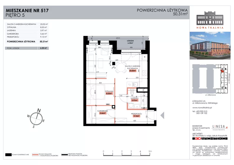 2 pokoje, mieszkanie 50,31 m², piętro 5, oferta nr 517, Nowa Tkalnia, Łódź, Widzew, ul. Milionowa/Kilińskiego