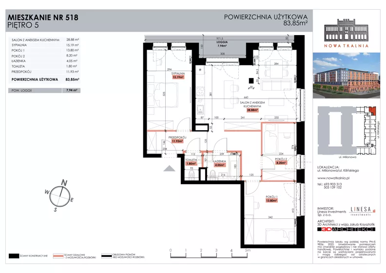 4 pokoje, mieszkanie 83,85 m², piętro 5, oferta nr 518, Nowa Tkalnia, Łódź, Widzew, ul. Milionowa/Kilińskiego