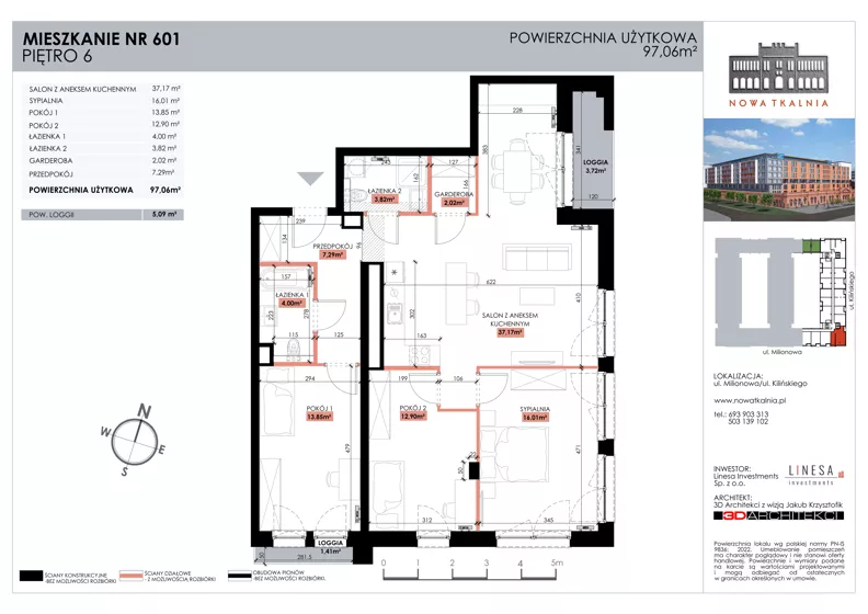 4 pokoje, mieszkanie 97,06 m², piętro 6, oferta nr 601, Nowa Tkalnia, Łódź, Widzew, ul. Milionowa/Kilińskiego