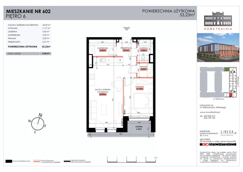 2 pokoje, mieszkanie 53,23 m², piętro 6, oferta nr 602, Nowa Tkalnia, Łódź, Widzew, ul. Milionowa/Kilińskiego