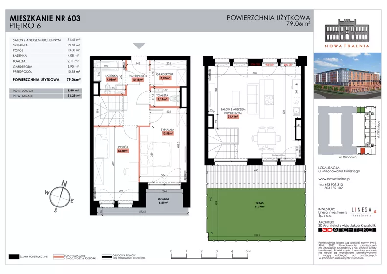3 pokoje, mieszkanie 79,06 m², piętro 6, oferta nr 603, Nowa Tkalnia, Łódź, Widzew, ul. Milionowa/Kilińskiego