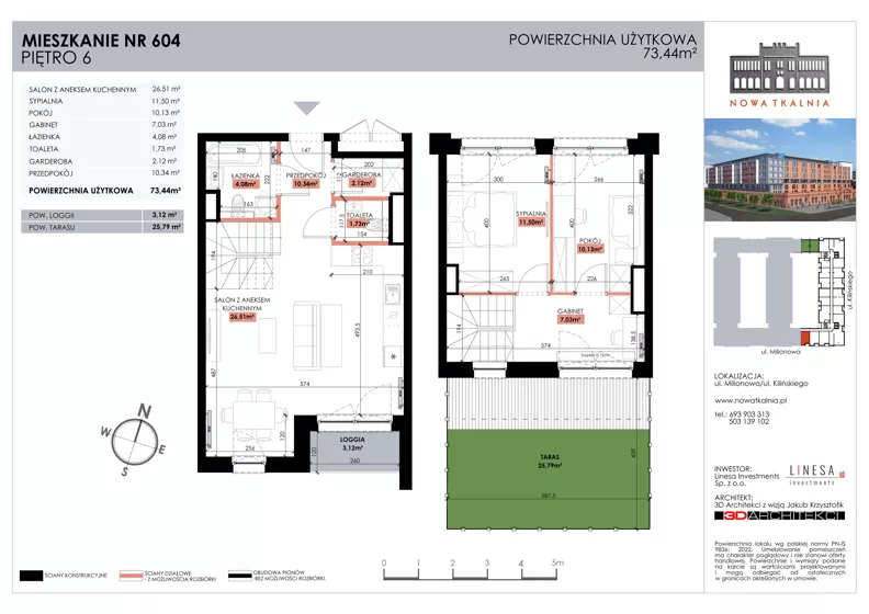 3 pokoje, mieszkanie 73,44 m², piętro 6, oferta nr 604, Nowa Tkalnia, Łódź, Widzew, ul. Milionowa/Kilińskiego