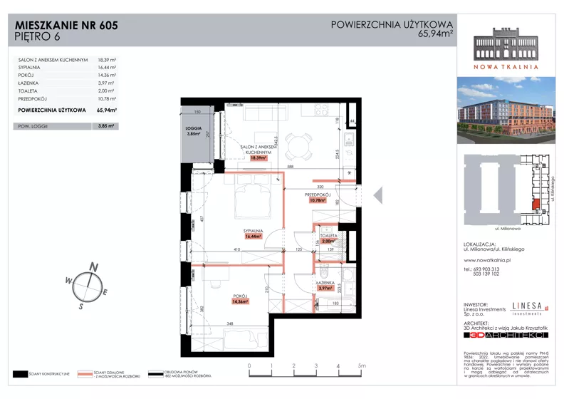 3 pokoje, mieszkanie 65,94 m², piętro 6, oferta nr 605, Nowa Tkalnia, Łódź, Widzew, ul. Milionowa/Kilińskiego