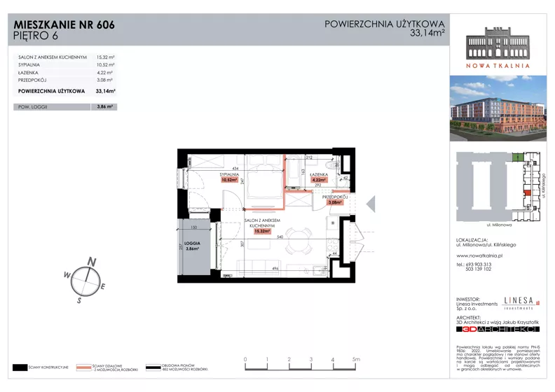 2 pokoje, mieszkanie 33,14 m², piętro 6, oferta nr 606, Nowa Tkalnia, Łódź, Widzew, ul. Milionowa/Kilińskiego