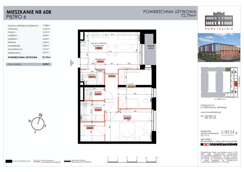 3 pokoje, mieszkanie 72,79 m², piętro 6, oferta nr 608, Nowa Tkalnia, Łódź, Widzew, ul. Milionowa/Kilińskiego